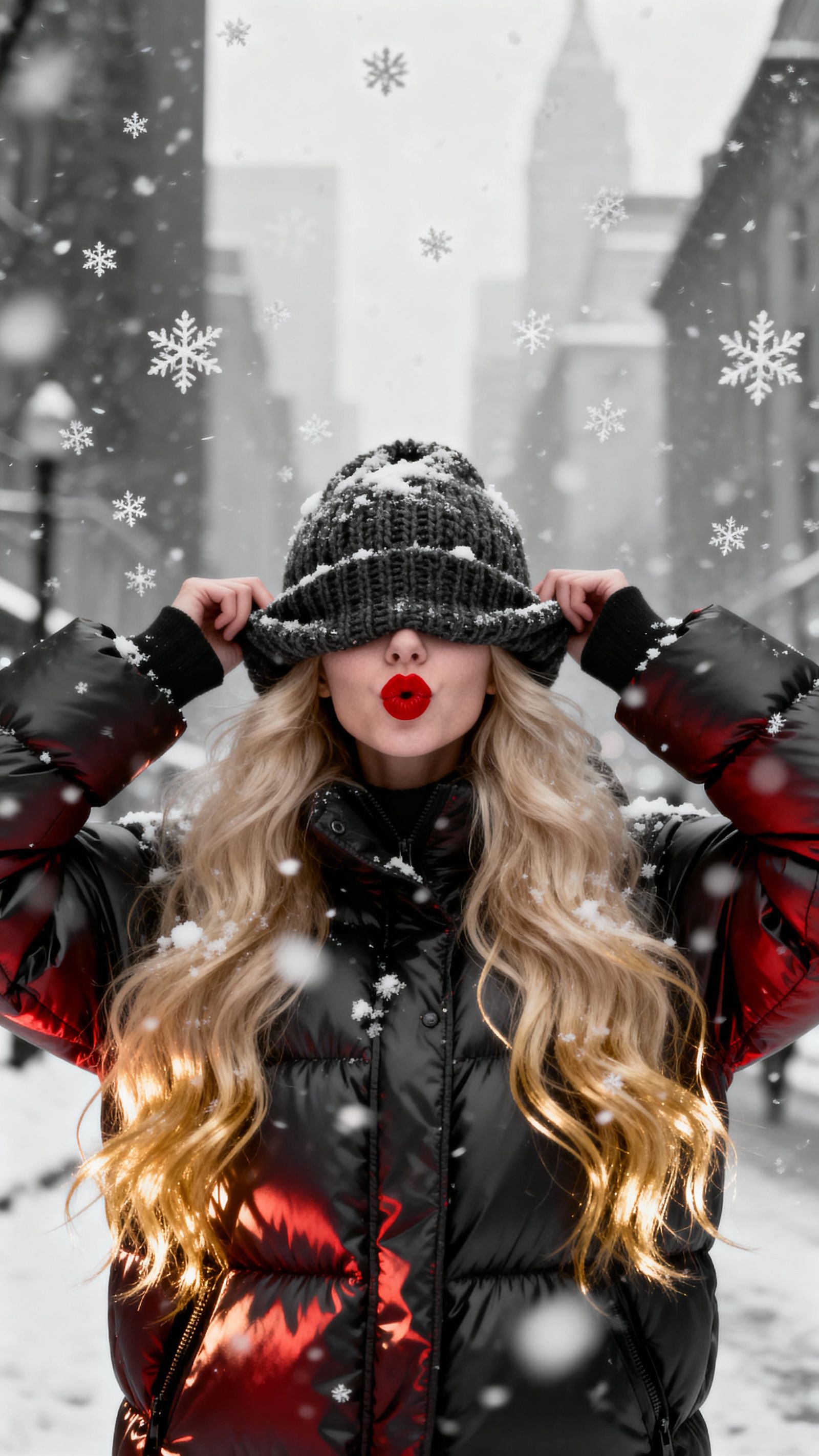 Radiant Woman in Snowy City Street Cinematic Masterpiece