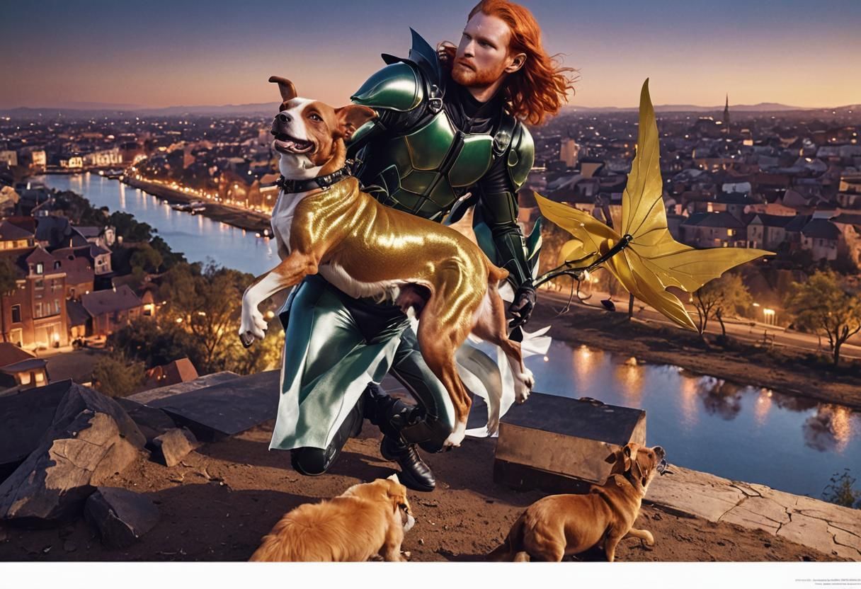 Redhead Male with Beetle Wings and Dog