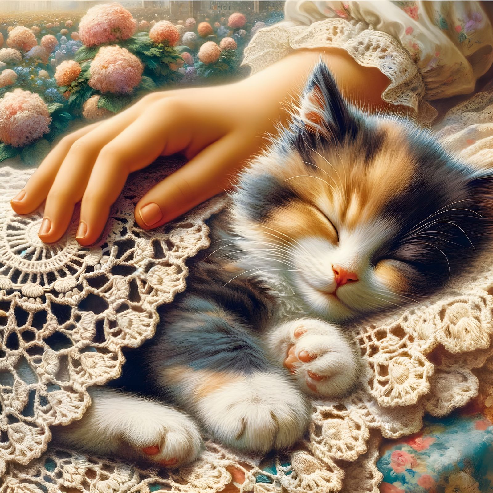 Calico Kitten Peacefully Sleeping with Crochet Blanket