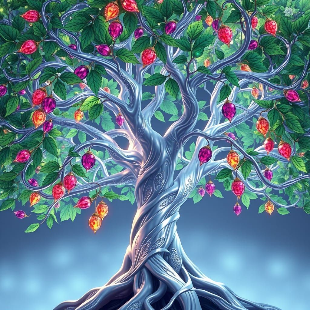 Ethereal Silver Tree in Vibrant Gemstone Fruits