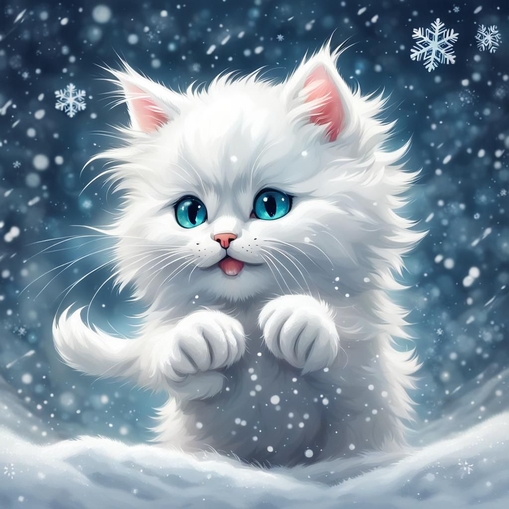 White Kitten Plays with Snowflake in Blizzard