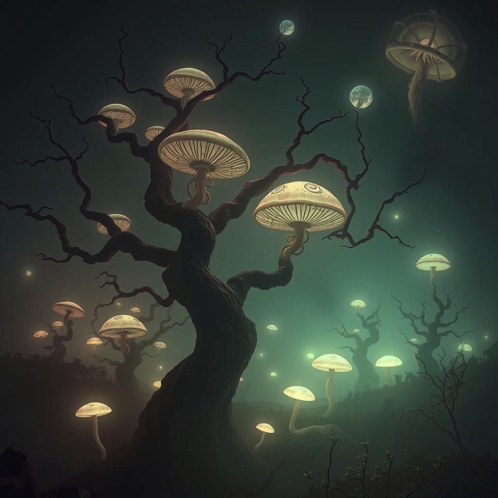 Surreal Futuristic Landscape with Twisted Trees and Biolumin...