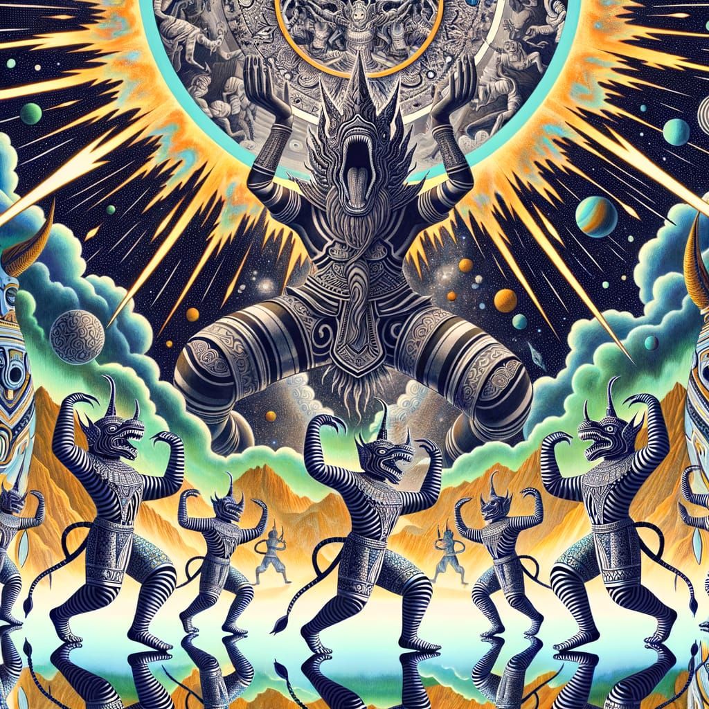 Cosmic Ballet: Mystical Beings Dancing in Abstract