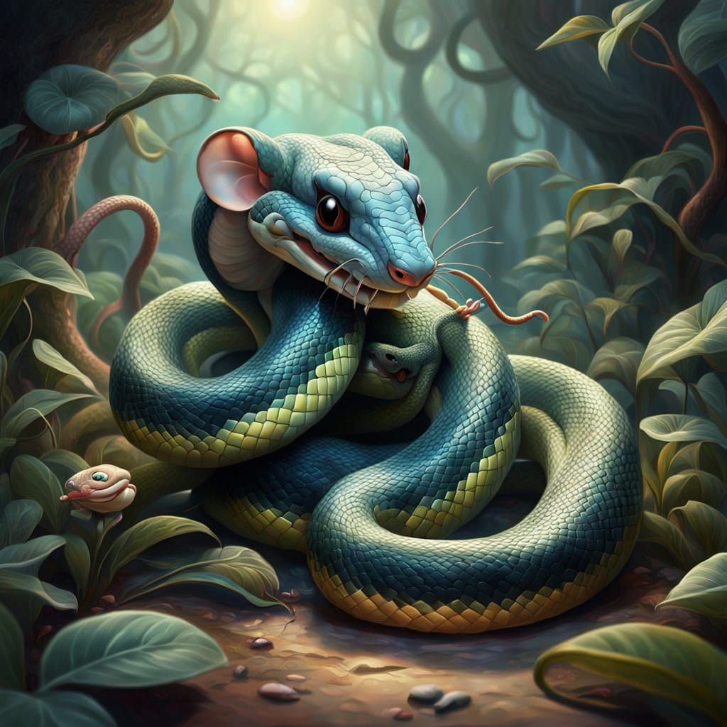 Surreal Snake and Mouse Embrace in Whimsical Fantasy Style