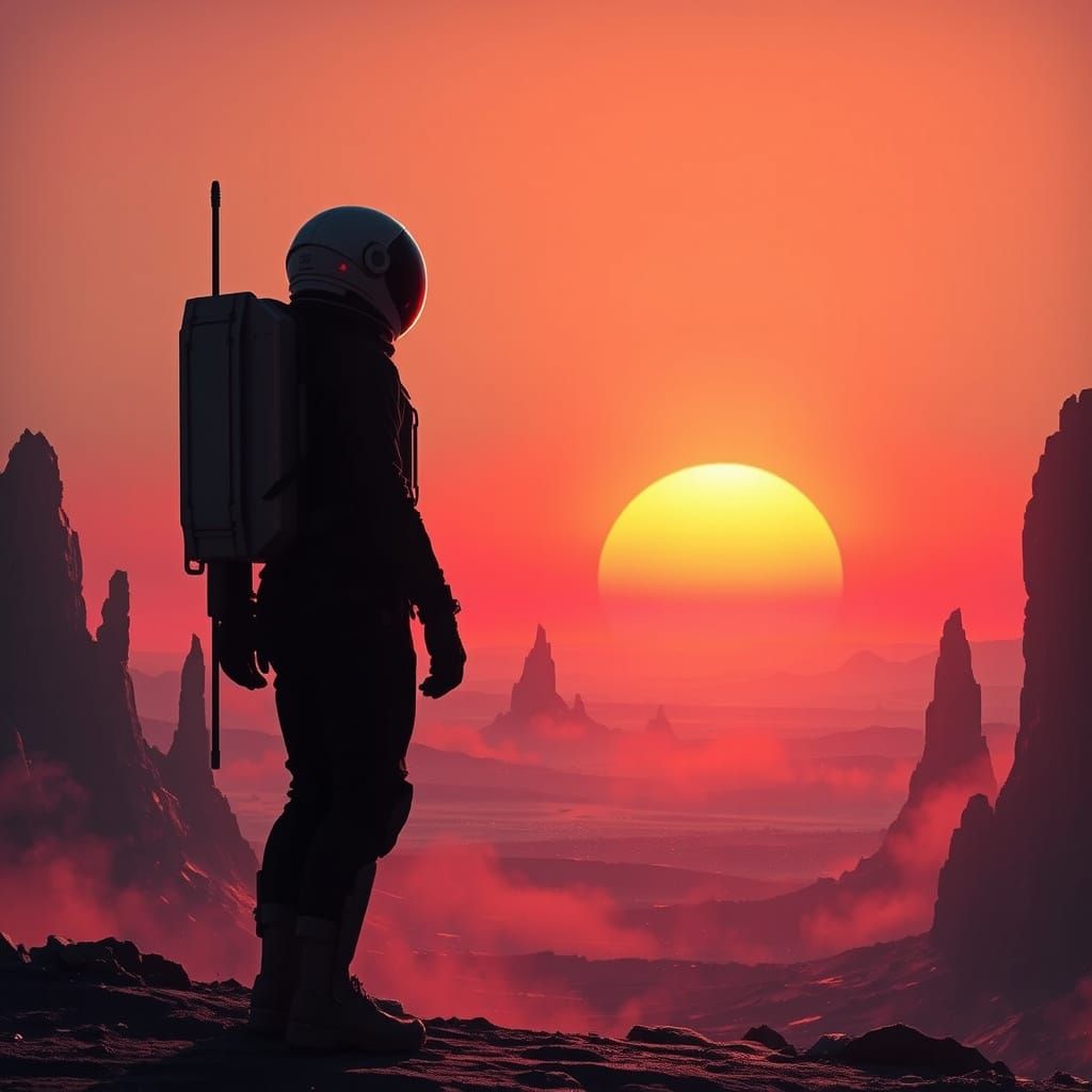 Astronaut Silhouette Against Binary Sunset on Alien Planet