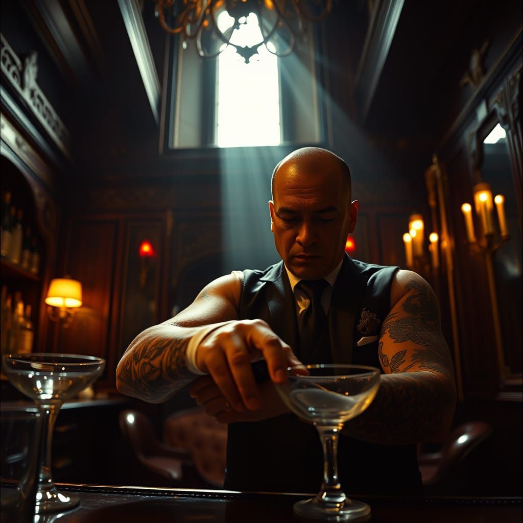 Tattooed Bartender in Dimly Lit Bar