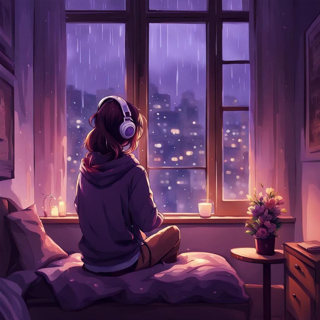 Cozy Girl Gazing at Rainy City Lights