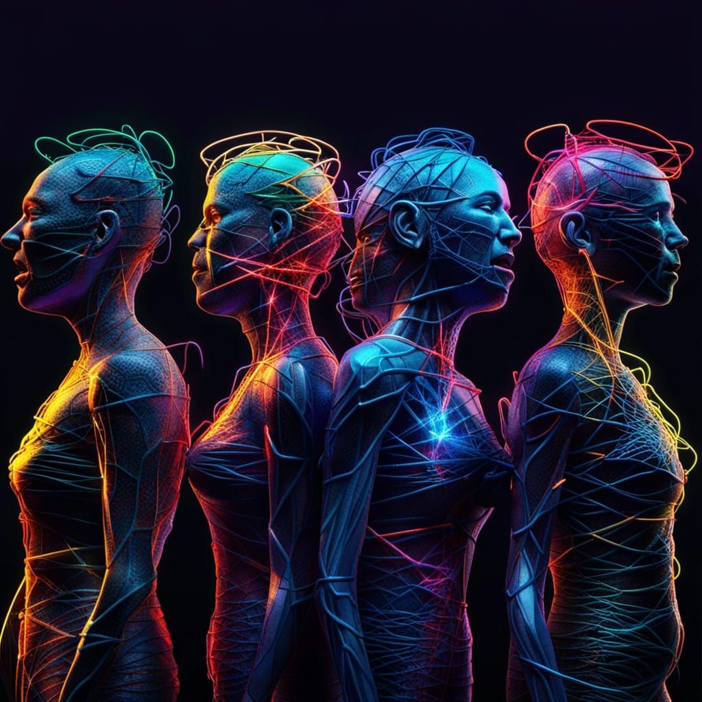 Musical Neon Filaments: A Hyperrealistic Family Portrait