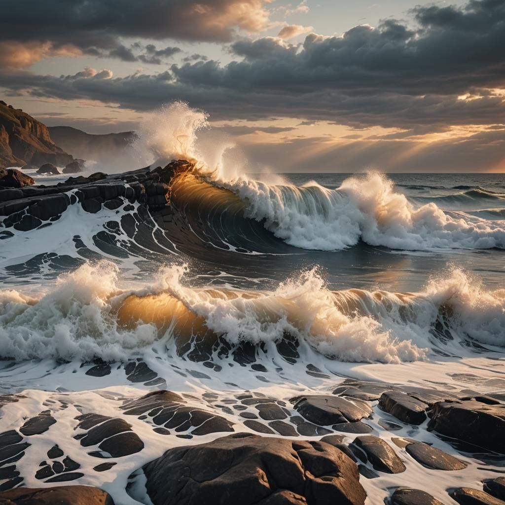 Coastal Wave at Sunset: Hyper-Realistic Photography