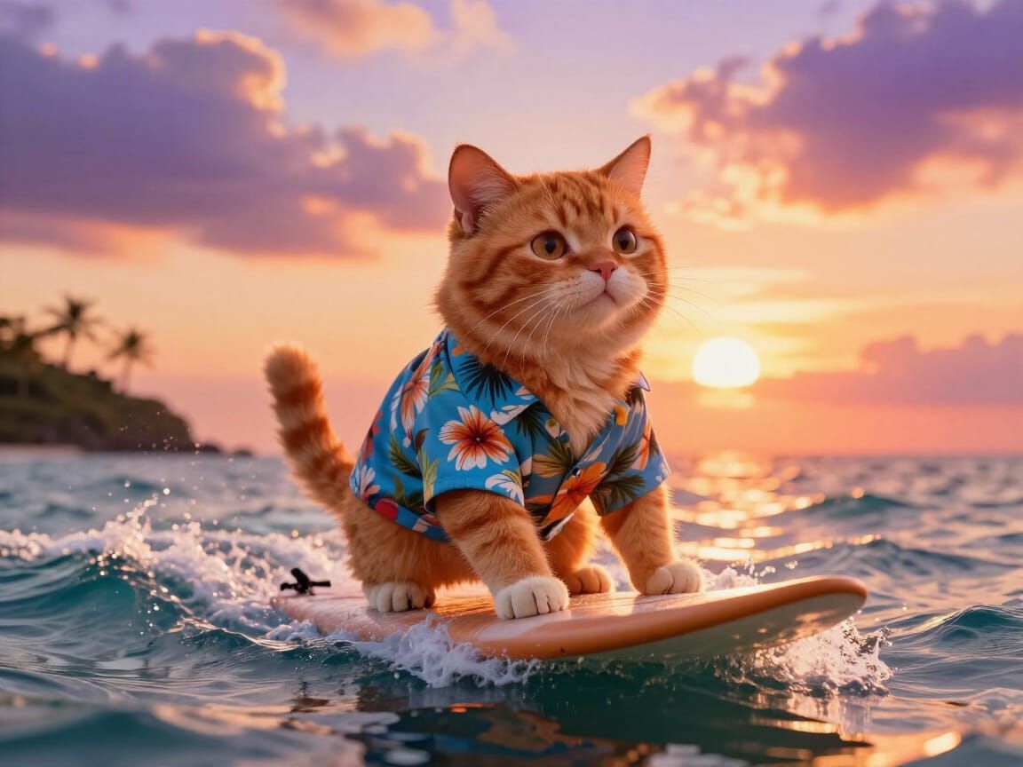 Ginger Cat Surfs Tropical Sunset Wave