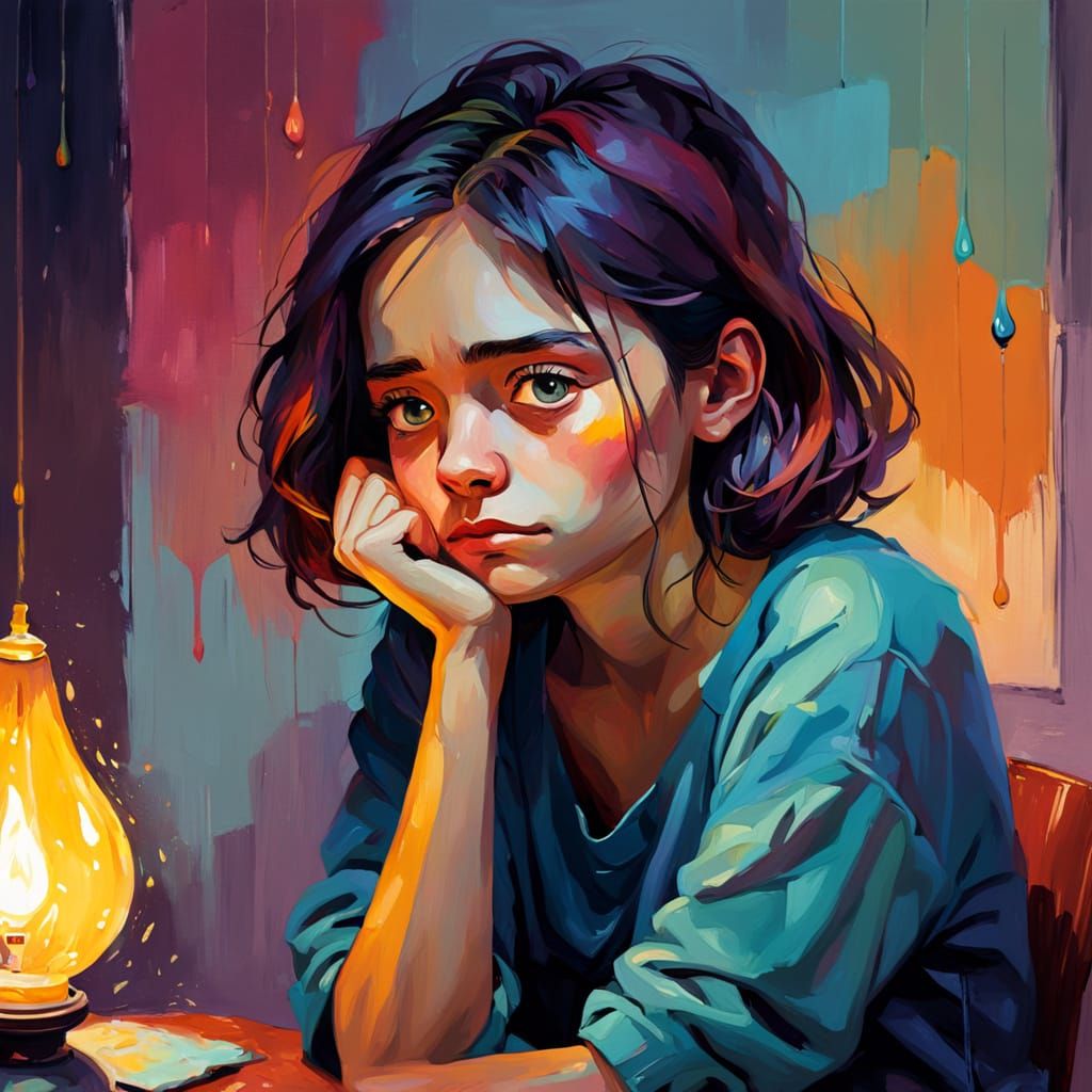 Melancholic Person with Tears: Oil Painting Illustration