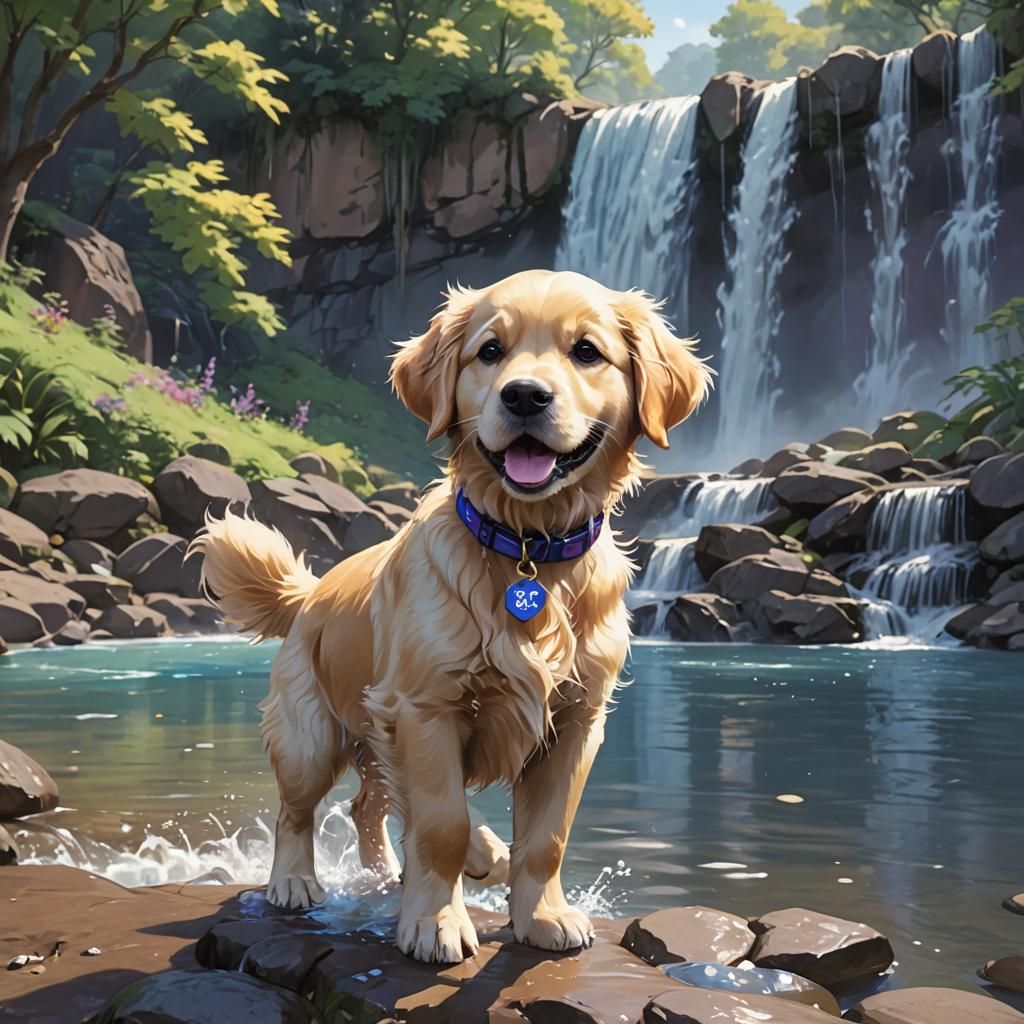 Golden Retriever Puppy at Waterfall: 3D Anime Art