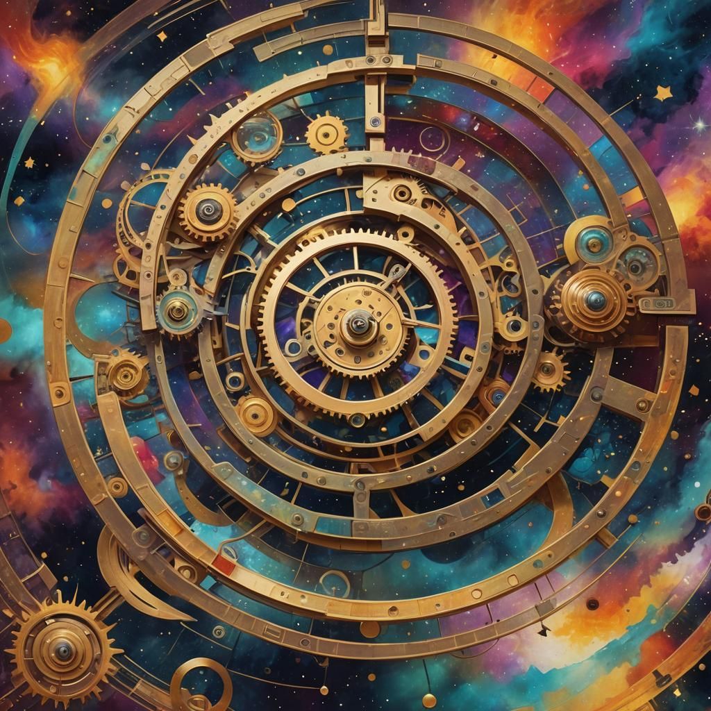 Vibrant Concept Art: Clockwork Vortex in Dreamlike State