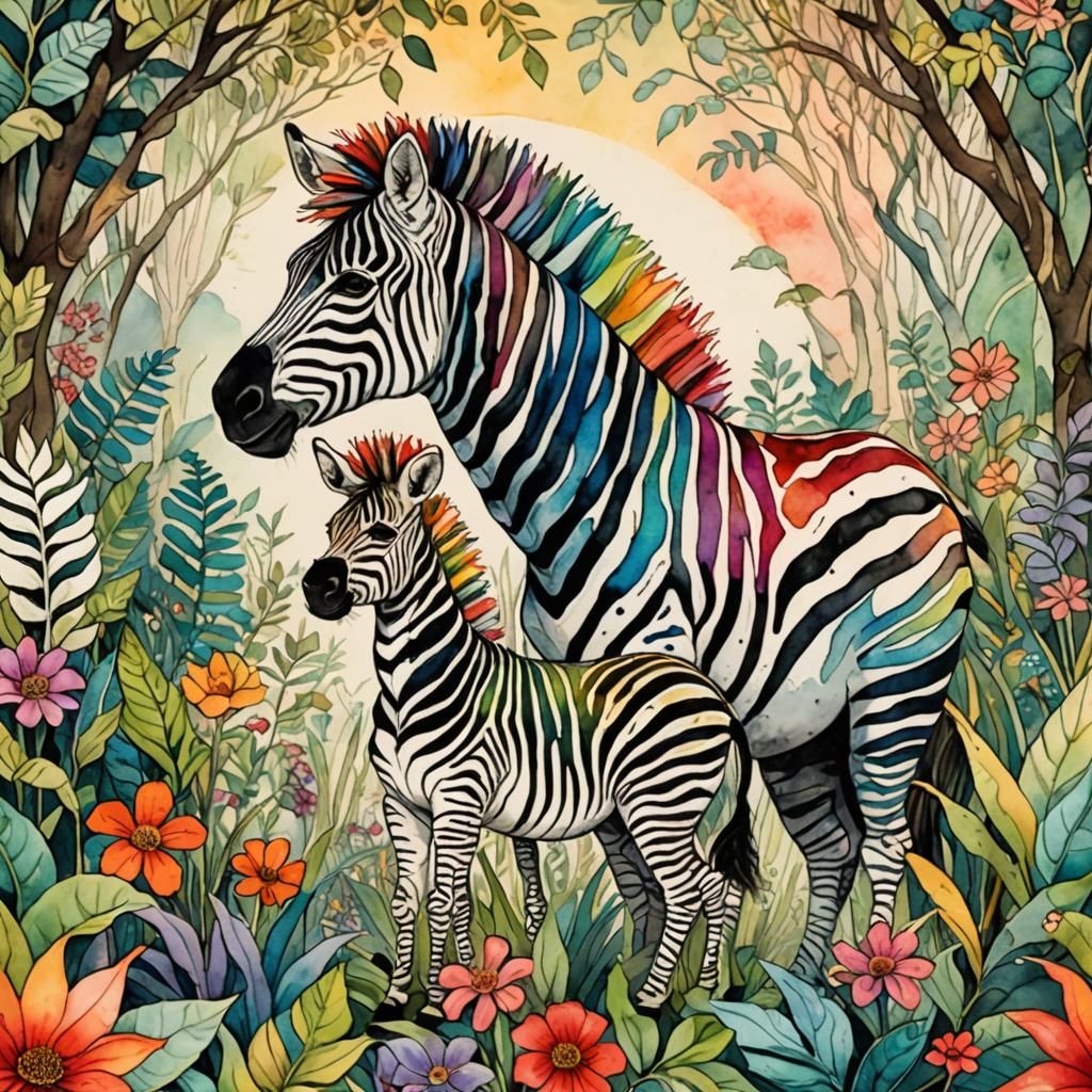 Rainbow Zebras in Jungle: Watercolor Storybook Illustration