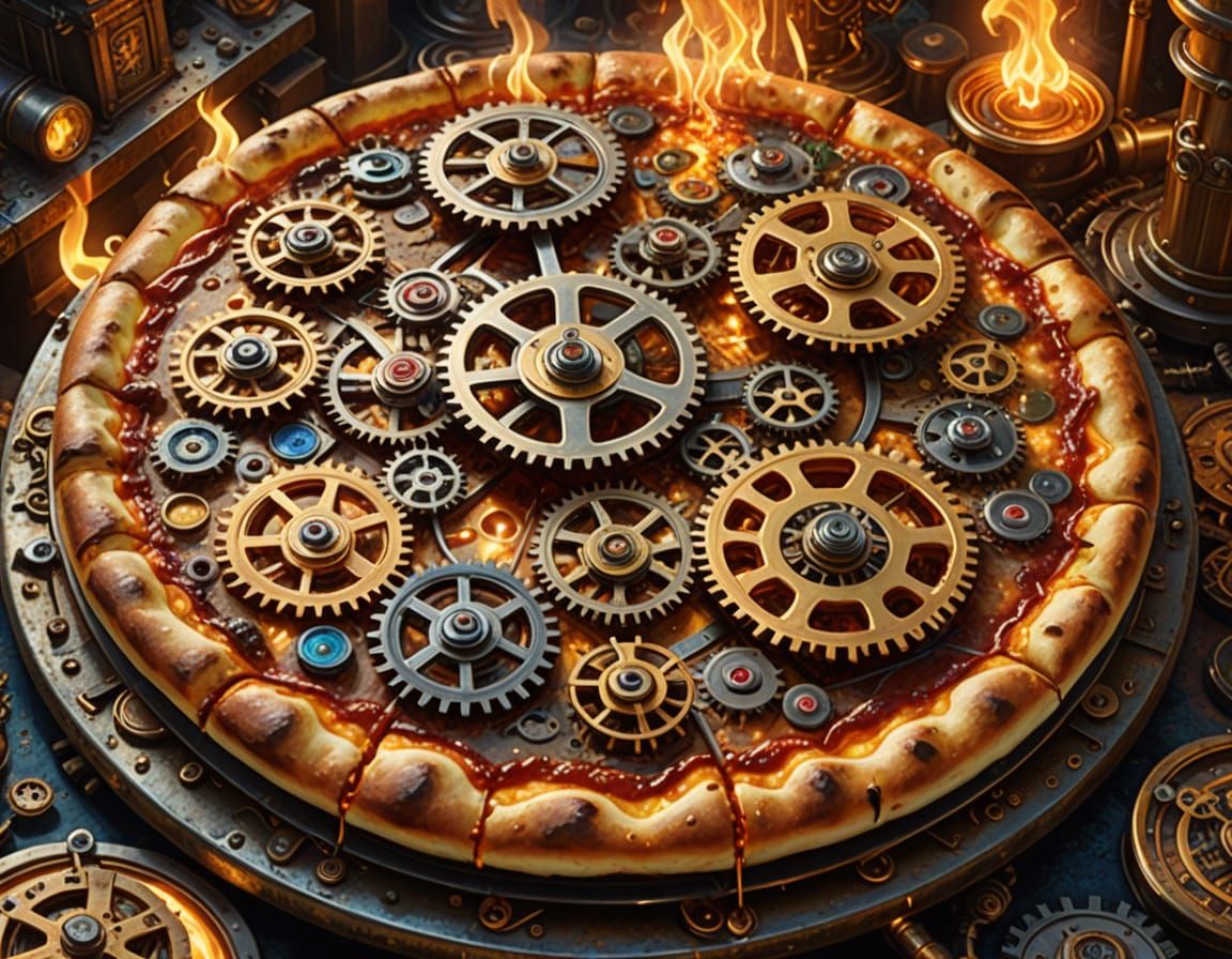 Steampunk Pizza with Clockwork Toppings in Digital Art