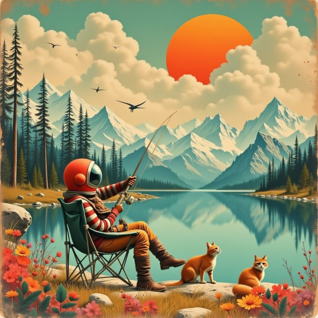 Retro-Futurist Astronaut Fishes by Lake in Mixed Media Art
