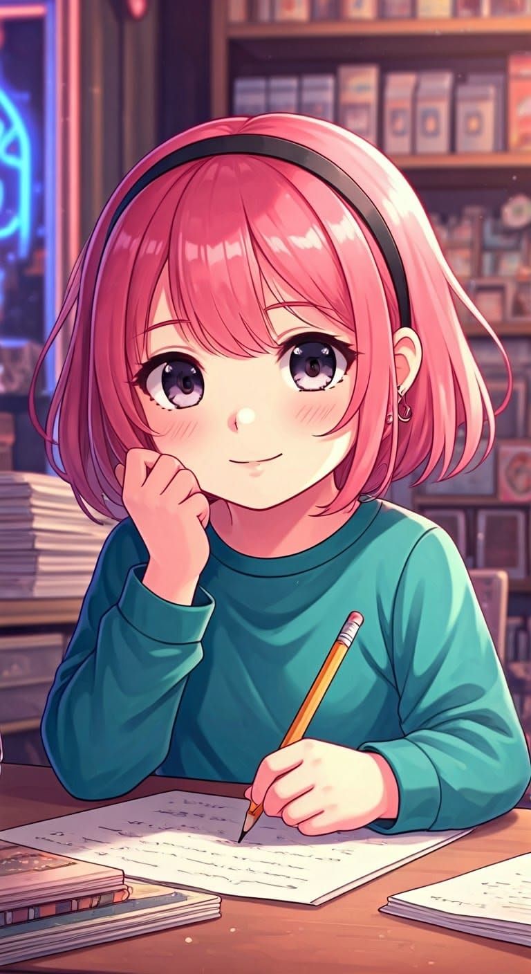Anime Girl Writing in Store, Manga Illustration