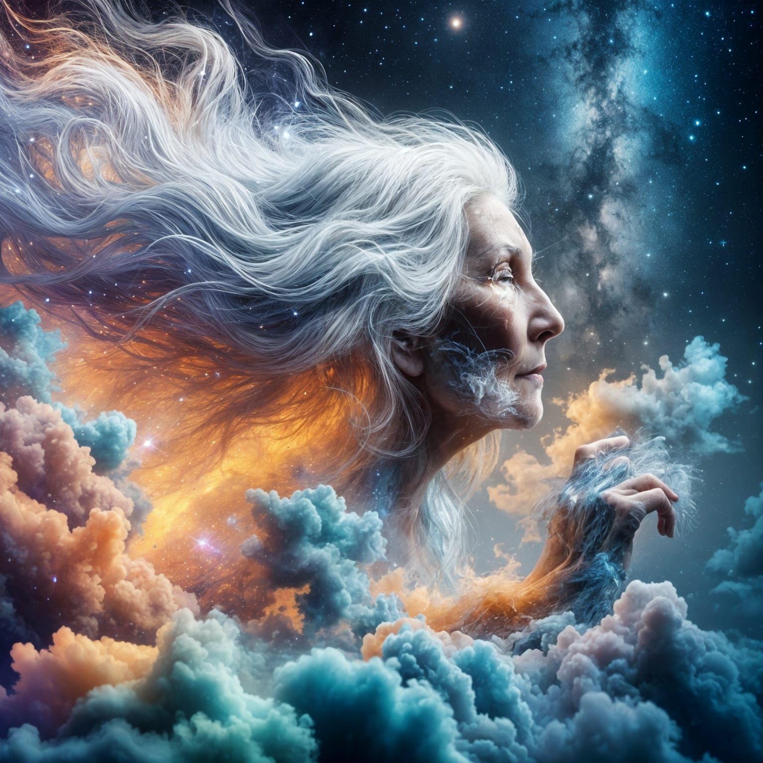 Elderly Woman with Hair Transforming into Clouds