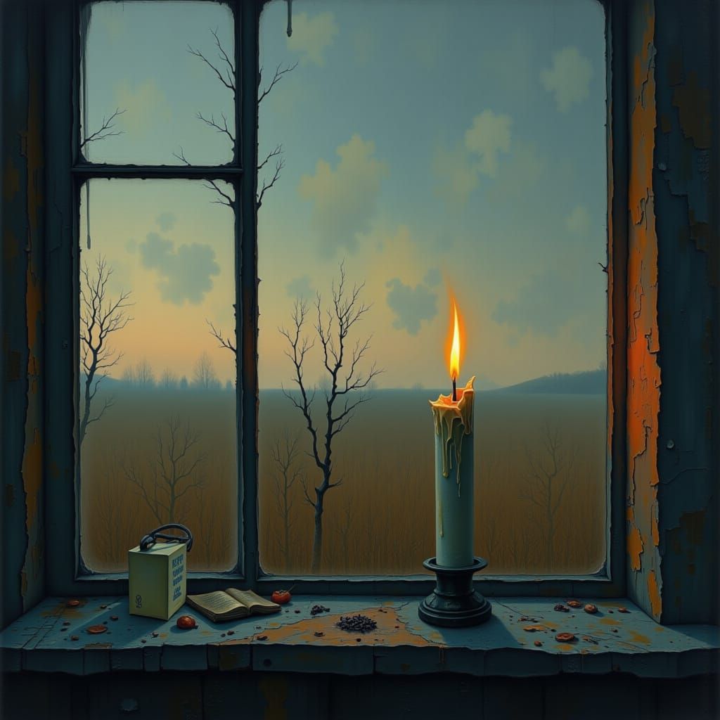 Candle Glowing with Memory in Static Dusk