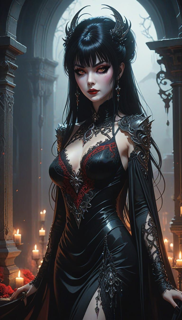 Majestic Elvira in Dark, Intricate Elegance