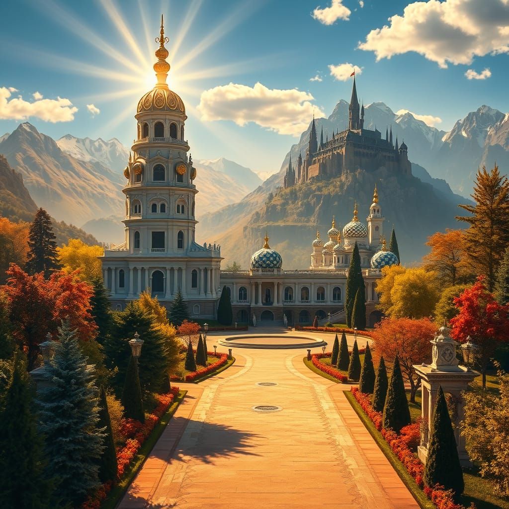 Fantasy Kingdom with Temple Tower in Sunlight