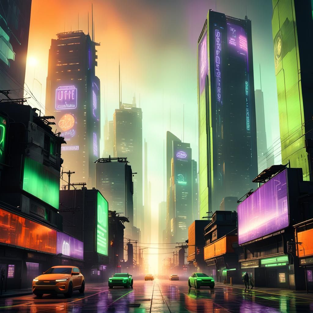 Dystopian Cityscape at Sunset in Neon Concept Art
