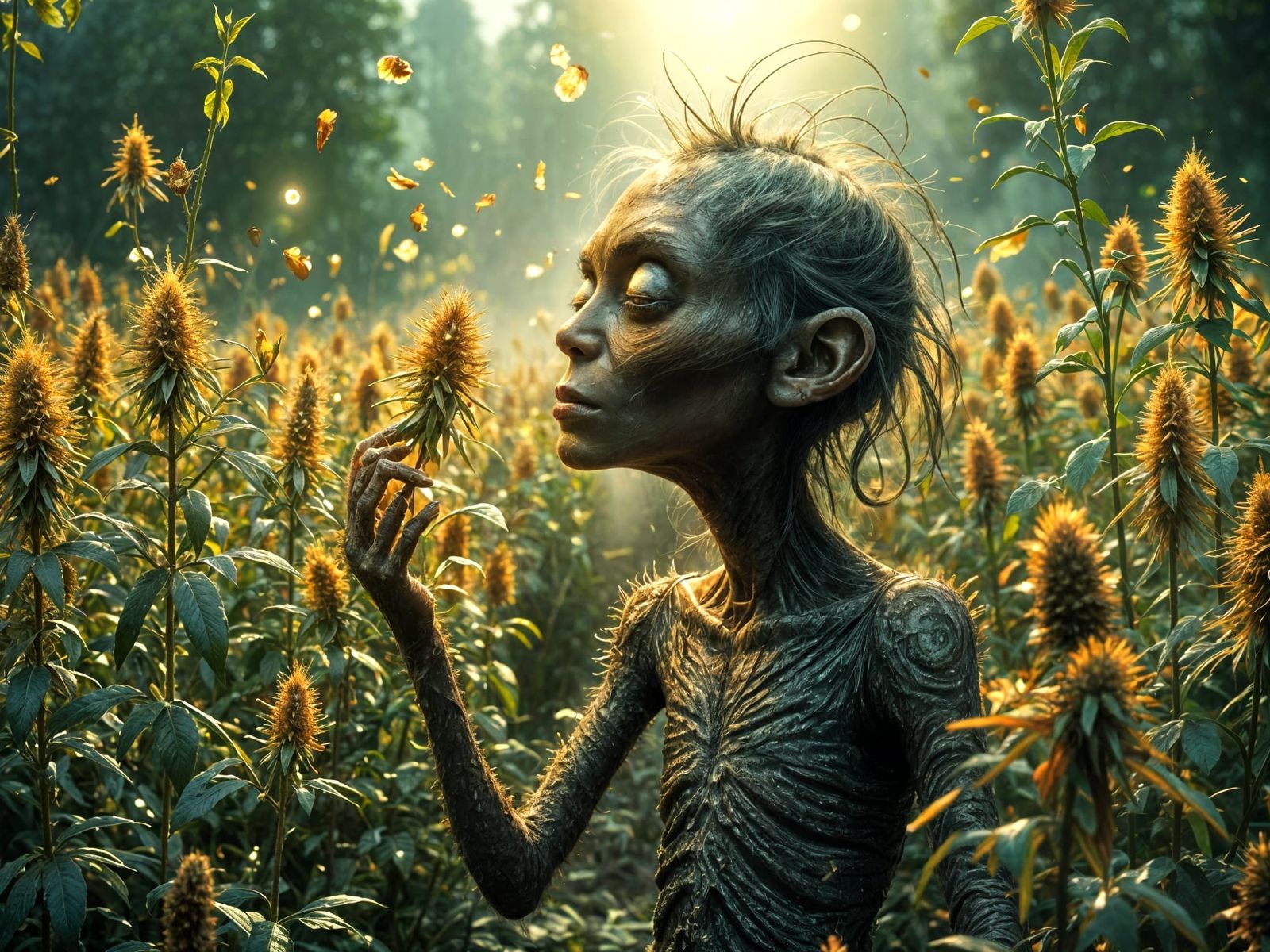 Eerie Creature Smells Flowers in Misty Cannabis Field