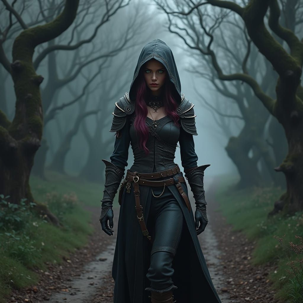 Half-Elf Rogue in Dark Fantasy Landscape