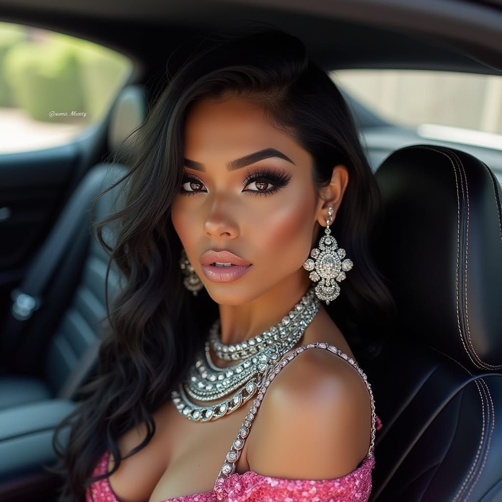 Glamorous Latina in Luxury Car, Opulent Style