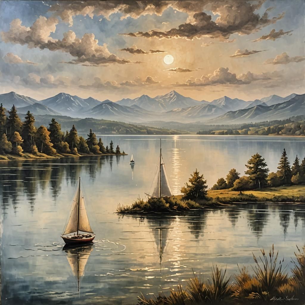 Lake and Sailboat in Encaustic Painting Style