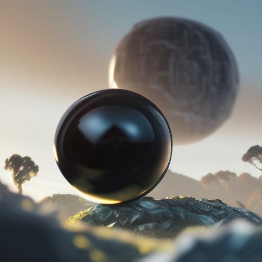 Obsidian Sphere Floating in Landscape, Detailed Digital Art
