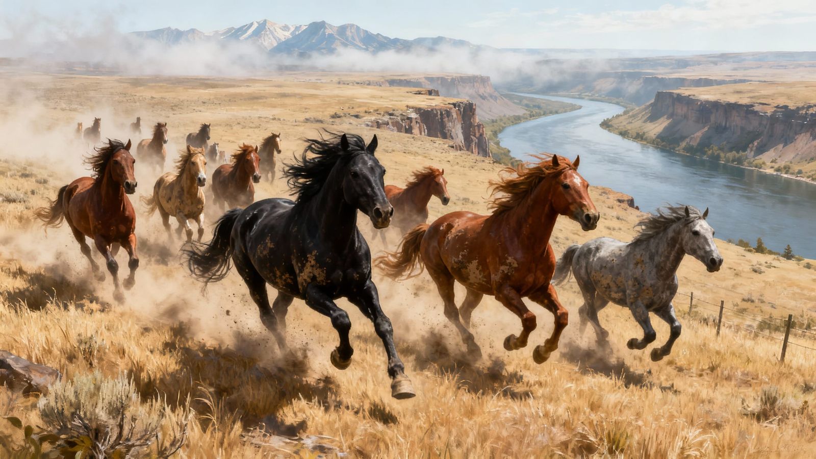 Wild Horses Galloping Across High Plateau