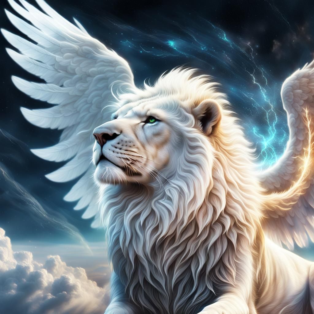 Majestic Winged Lion Soaring in Cosmic Fantasy