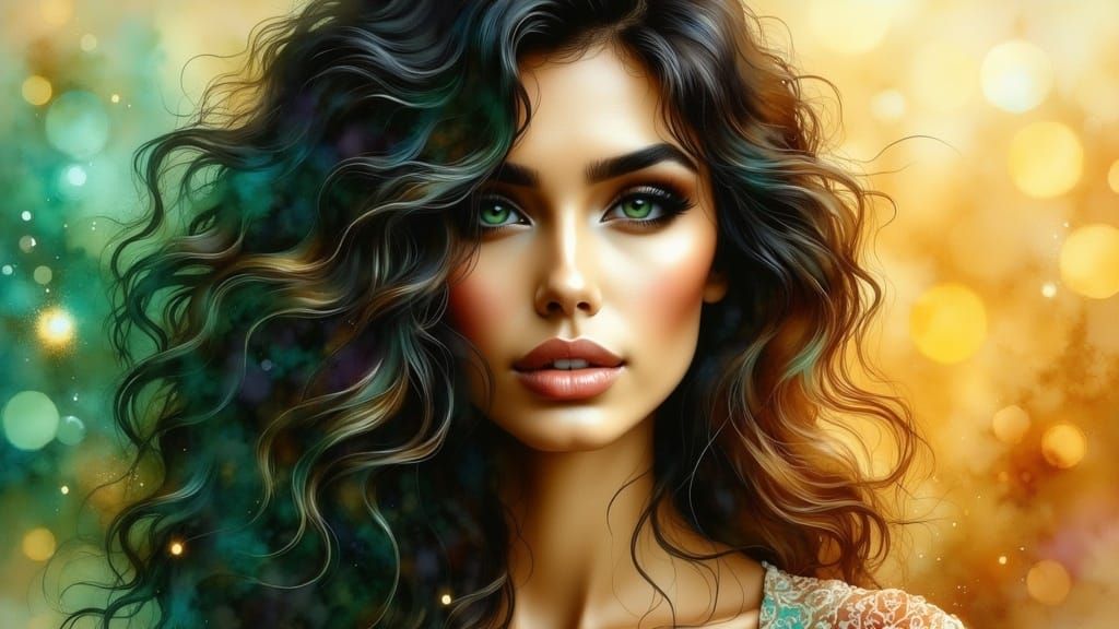 Ethereal Art Nouveau Goddess with Emerald Eyes