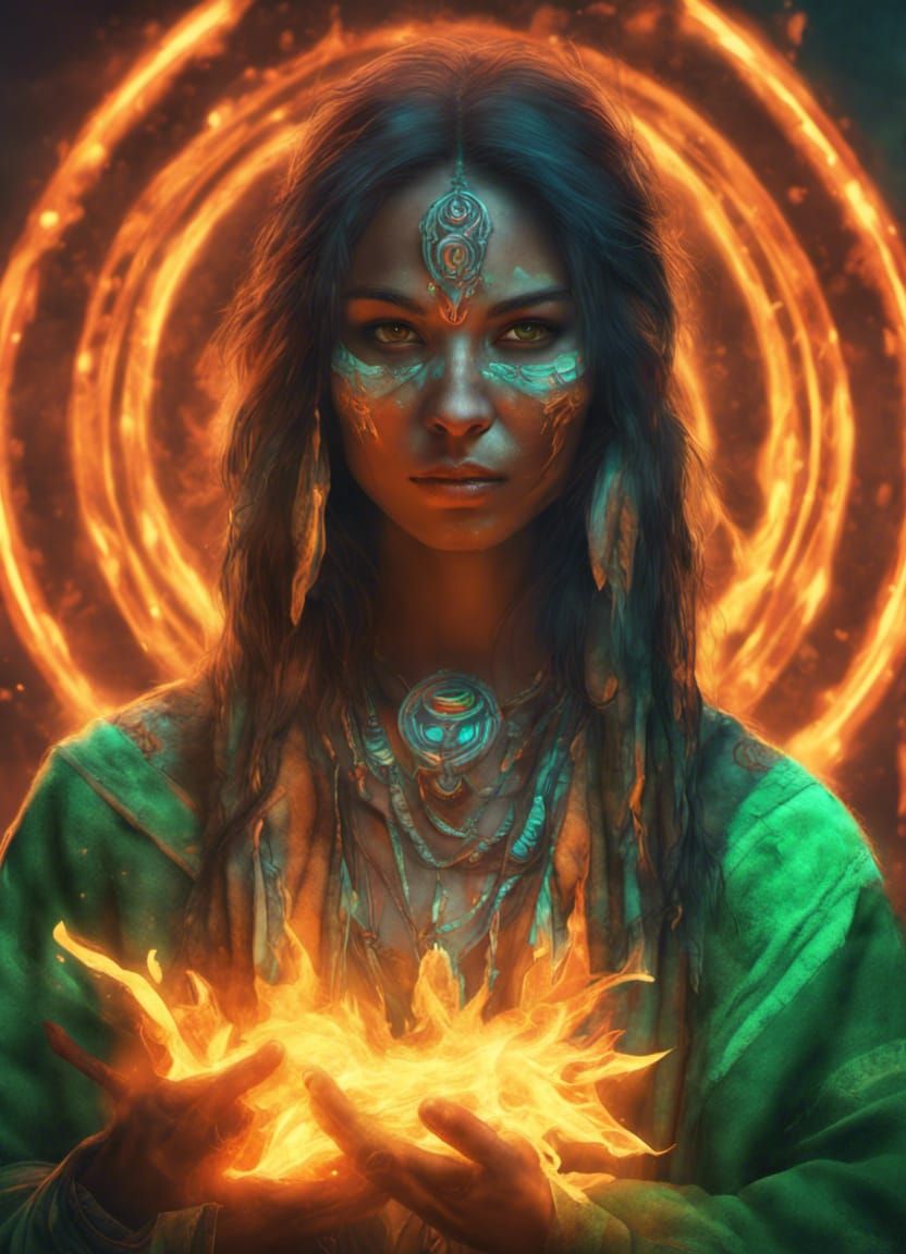 Cyberpunk Shaman with Flame in Neon City