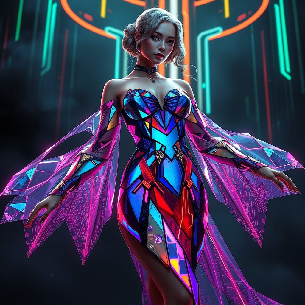 Cyberpunk Stained Glass Dress with Neon Accents