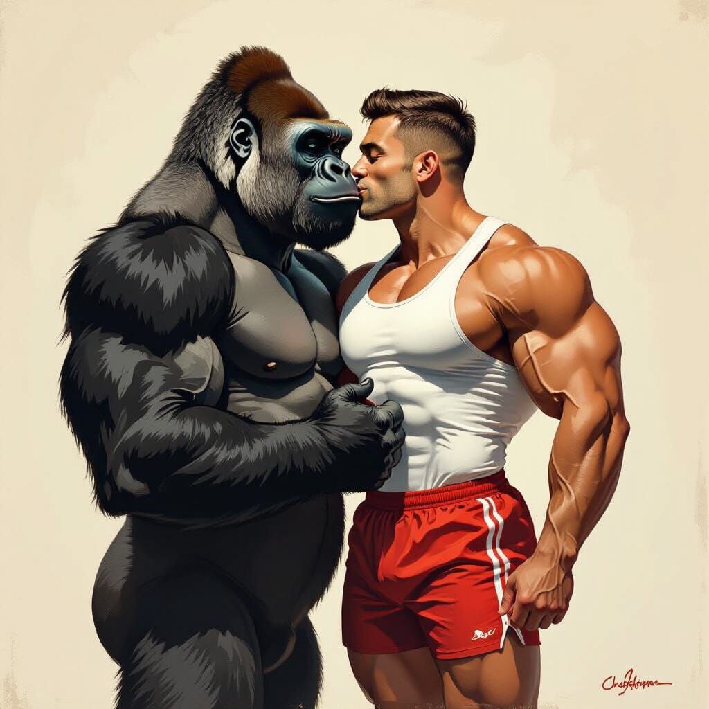 Heartwarming Gorilla Kiss: Whimsical Cartoon Art