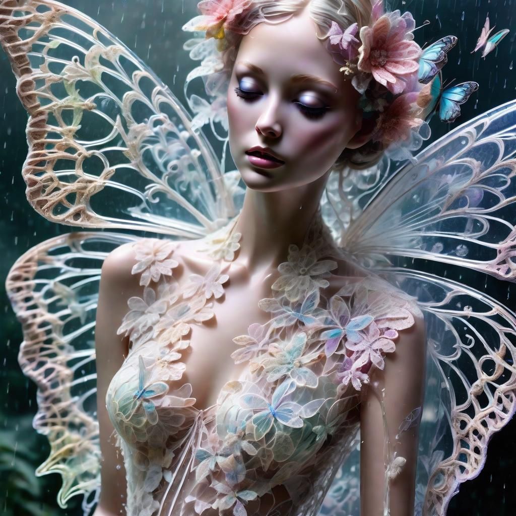 Ethereal Glass Butterfly Dreamscape with Lace Flowers