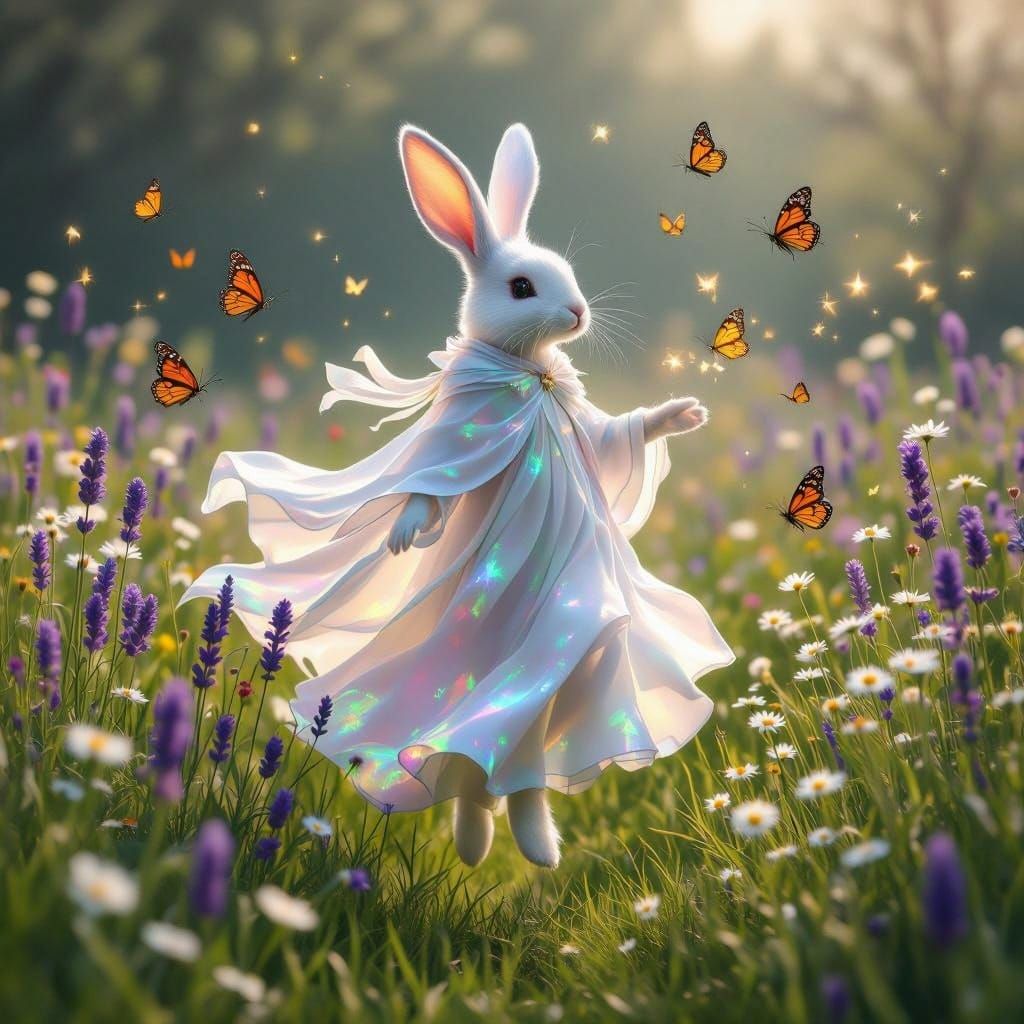 Ethereal Easter Bunny Spirit in a Blooming Field of Wildflow...