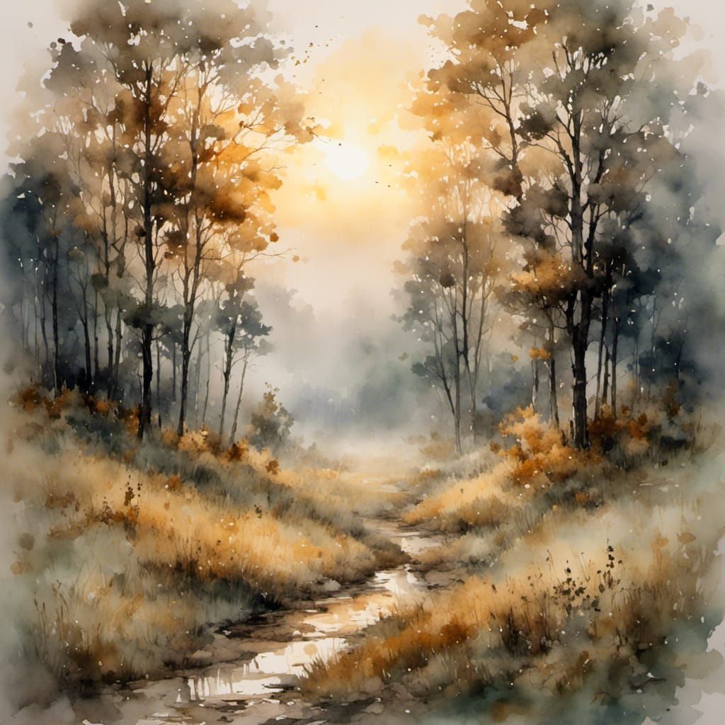 Deciduous Forest Clearing at Dawn: Antique Watercolor