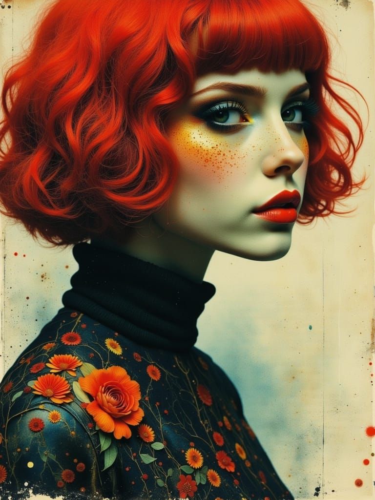 Melancholic Gothic Woman in Watercolor Alcohol Ink Style