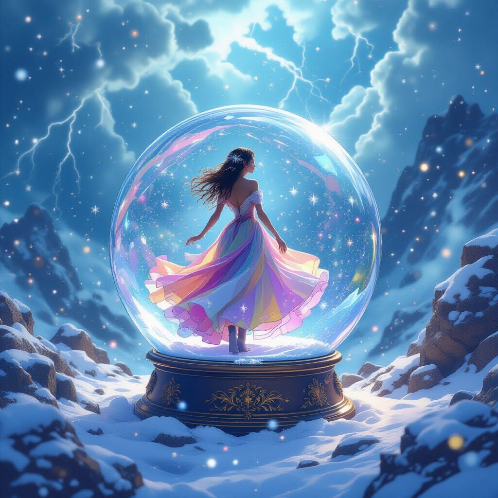 Whimsical Woman in Snow Globe Wonderland as 3D Render