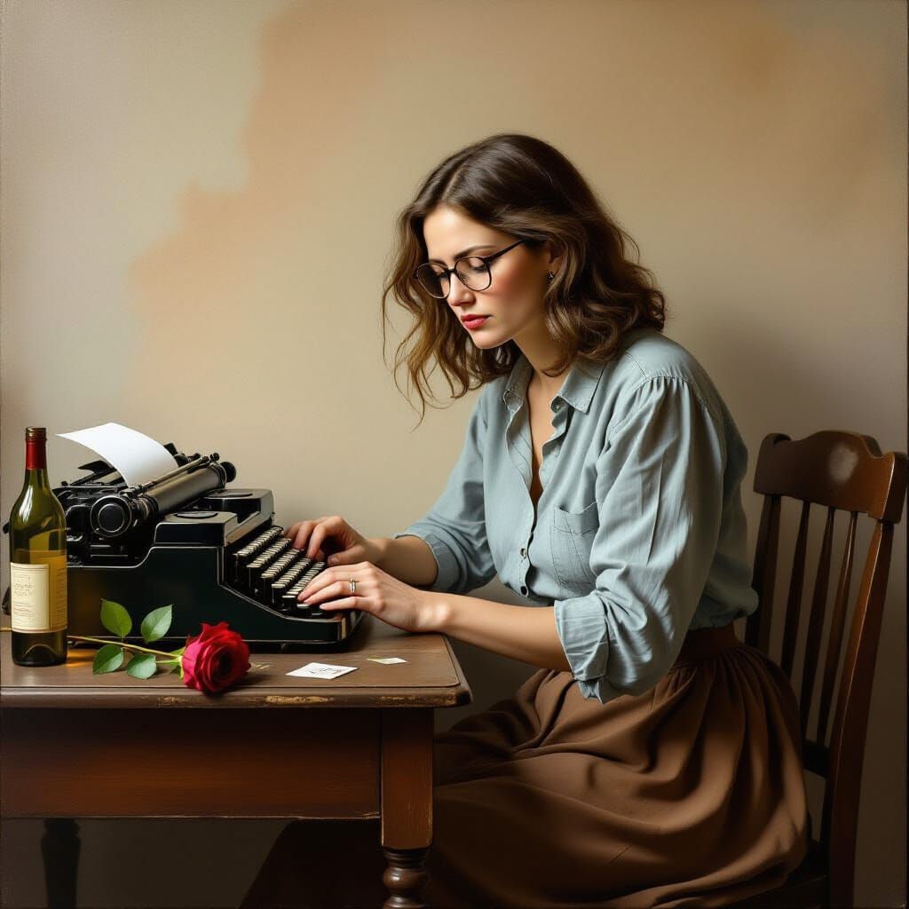 Intoxicated Woman at Desk with Typewriter, Dutch Realism Sty...