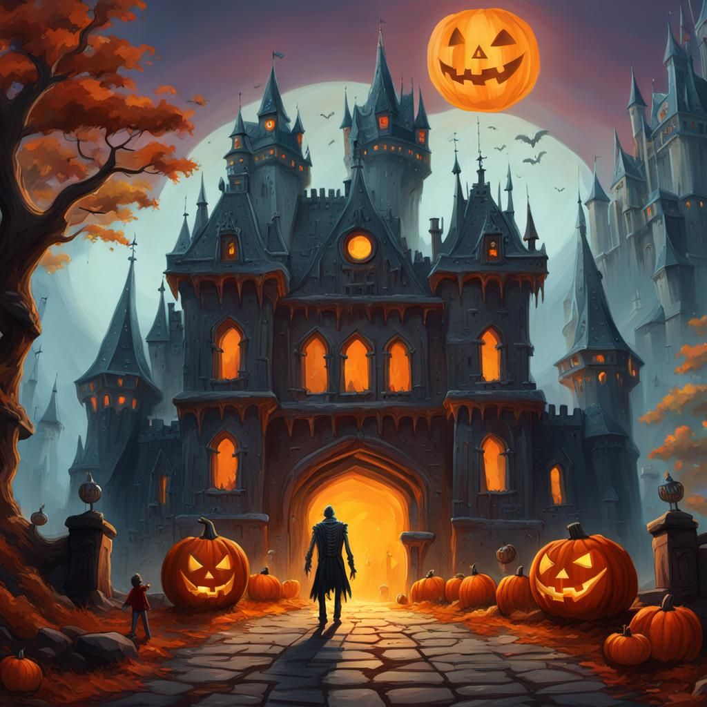 Halloween Skeleton Guarding Castle: Digital Matte Painting
