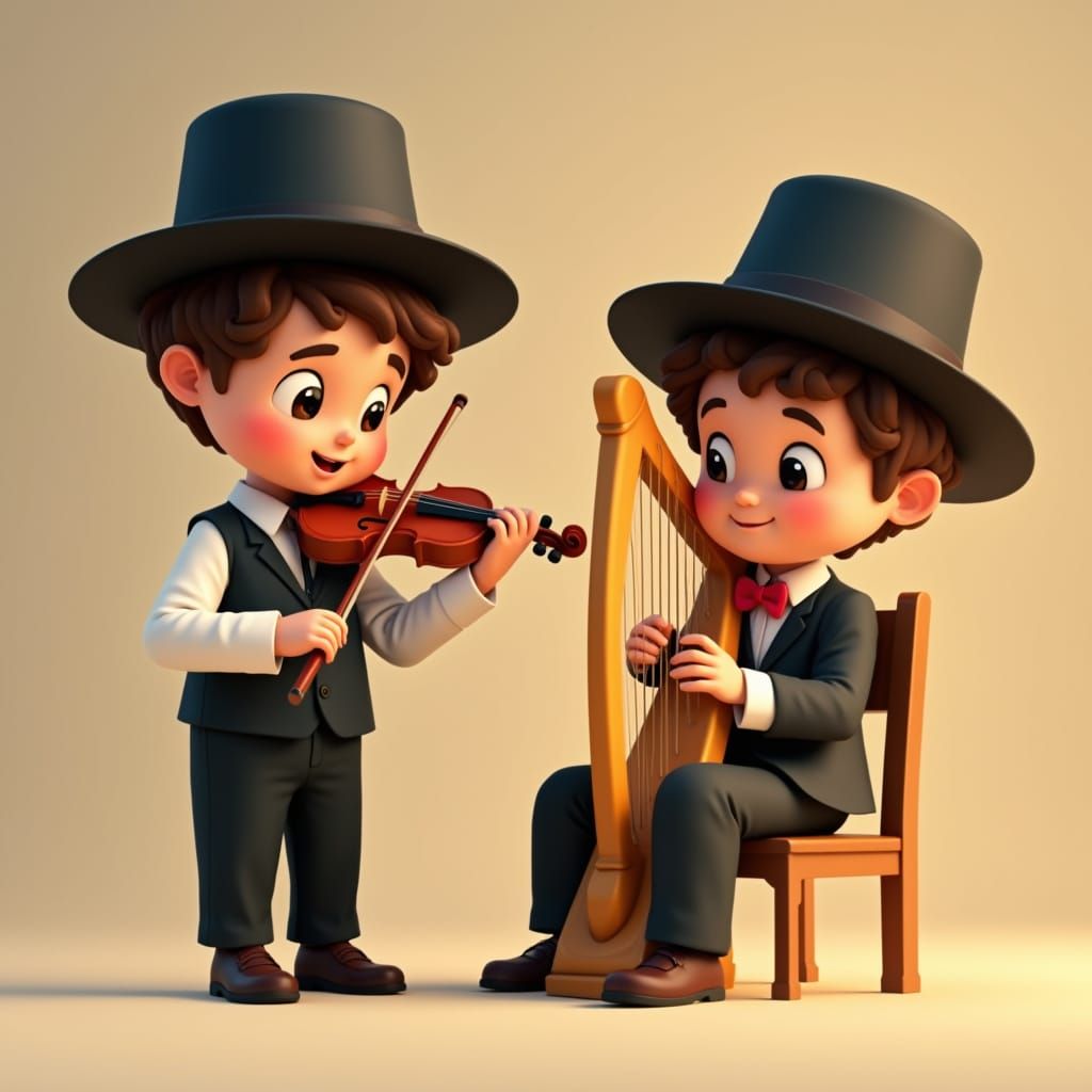 Hasidic Boys Play Music: 3D Pixar-Style Illustration