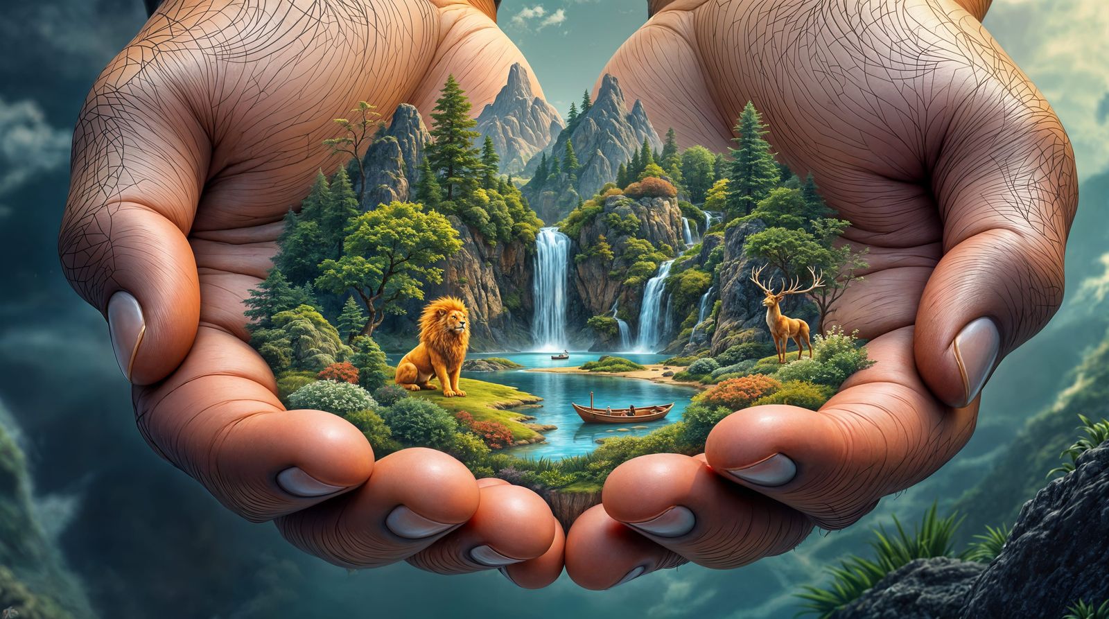 Giant Hands of Nature in Stunning Wide Linework Tattoo Style