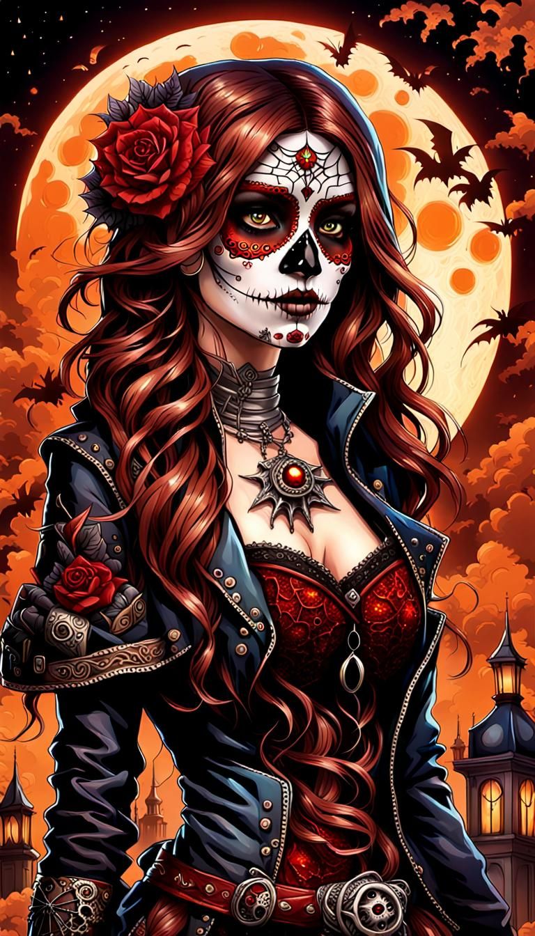 Day of the Dead girl with wavy brown hair and amber eyes