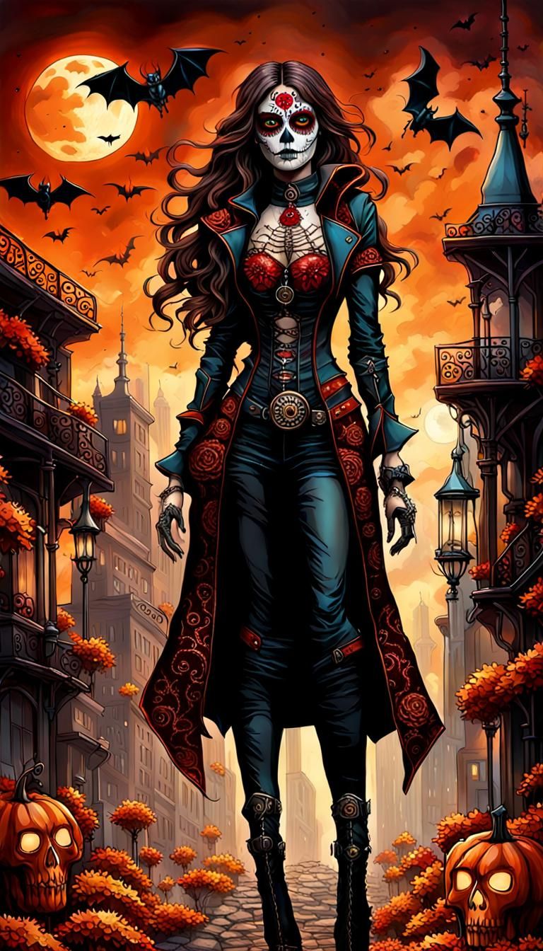 Day of the Dead girl with wavy brown hair and amber eyes