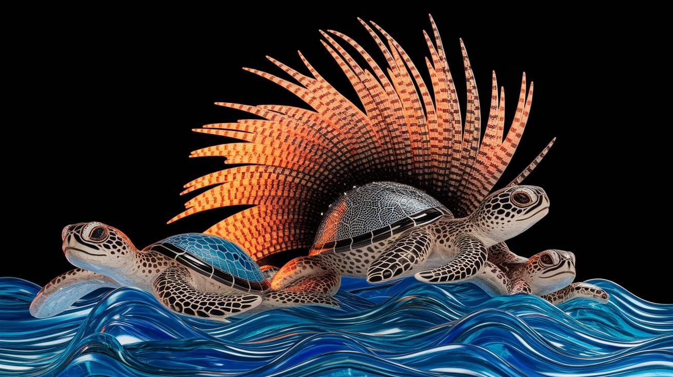 Glass Sea Turtles Swim Through Blue Waves