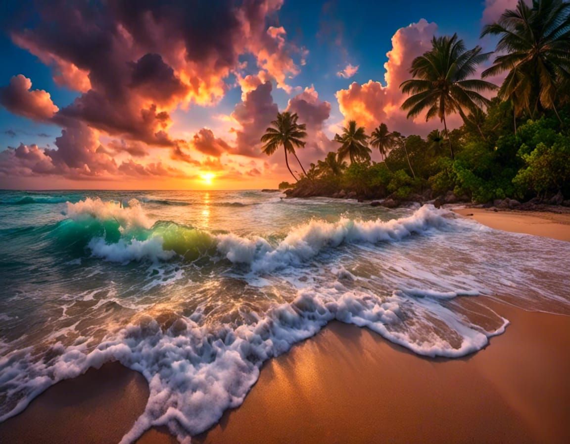 Dramatic Sunset Sky Over Tropical Beach